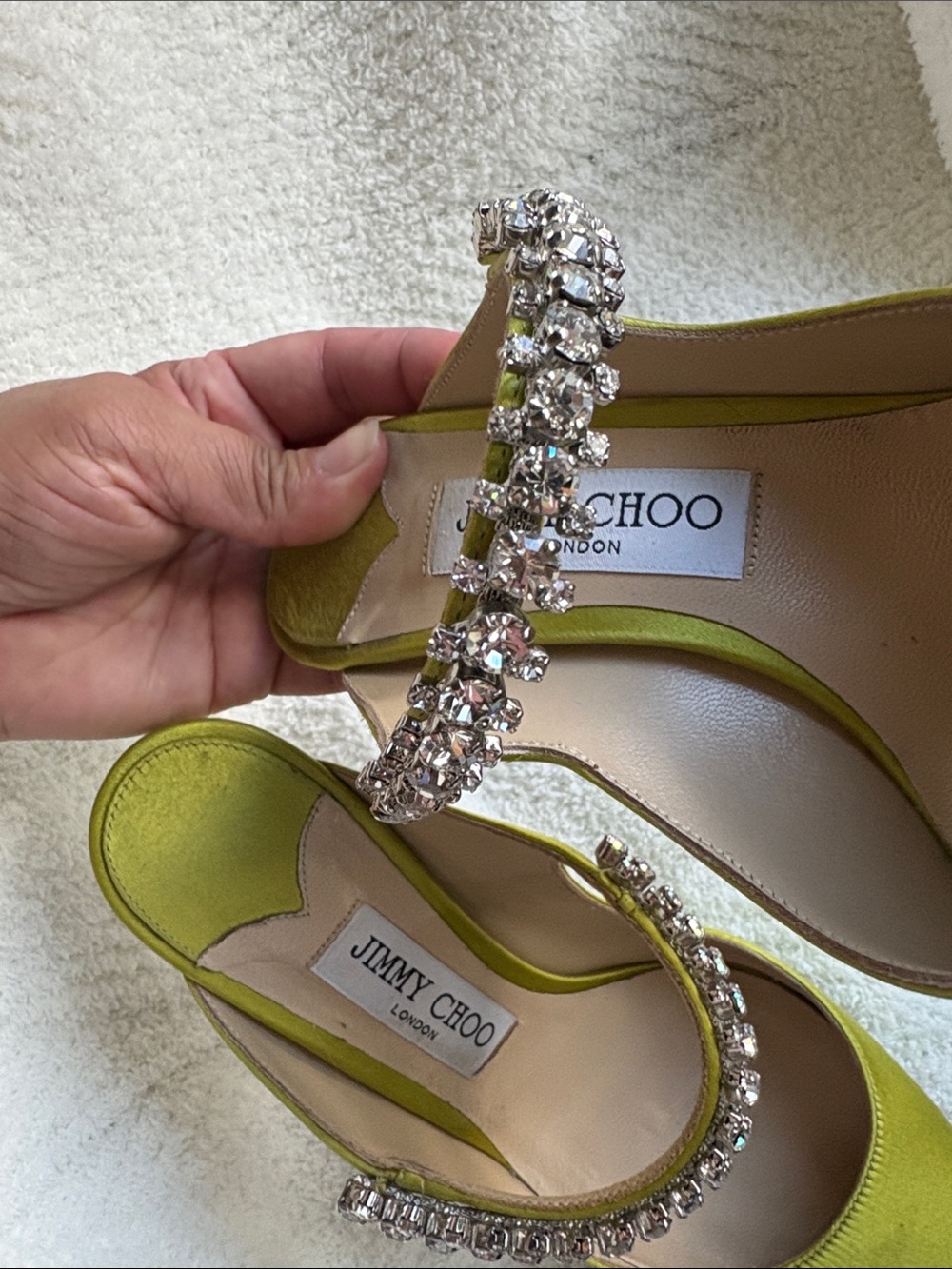 Jimmy Choo Chartreuse Crystal-Strap Pointed Toe Stilettos 37 1/2 - Picture 4 of 9